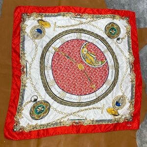 Vintage Silk Scarf Red and Gold Clock Motif Scarf Olpan